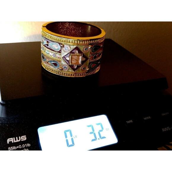 Wide Bangle Bracelet, Hinged Closure, Peach Pink Turquoise Enamel, 7 3/4 Inches - Picture 9 of 12